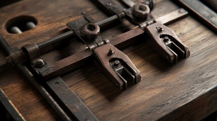 A close up image showing old metal device on wood