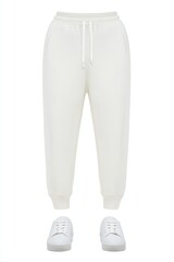 Cream-colored joggers and matching sneakers.  Soft, comfortable, casual wear