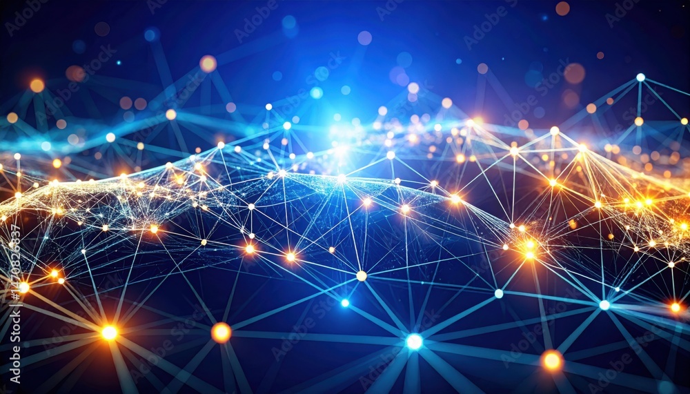 Poster abstract network connecting digital nodes with glowing lines