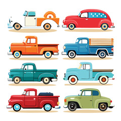 Nine classic pickup truck train  arranged on a white background.