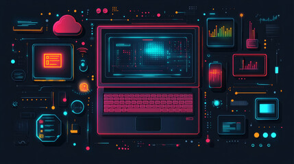 Digital computer and circuitry display with glowing neon aesthetic