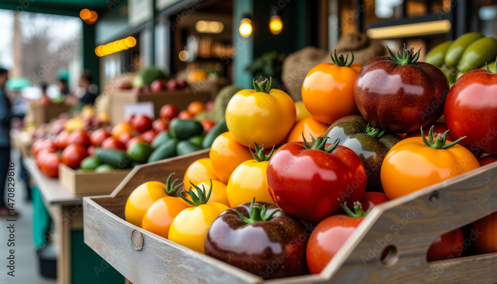 Poster a large display of tomatoes and other vegetables. the tomatoes are in a wooden crate and are arrange