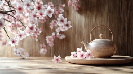 Serene Wooden Teapot Surrounded by Cherry Blossom Flowers
