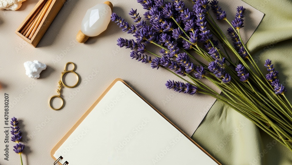 Poster a notebook with a purple flower on it is open on a table. the notebook is empty, and the purple flow
