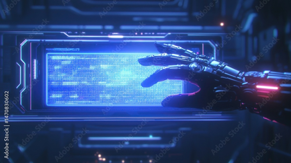Poster futuristic robot hand interacting with digital display in cyber environment