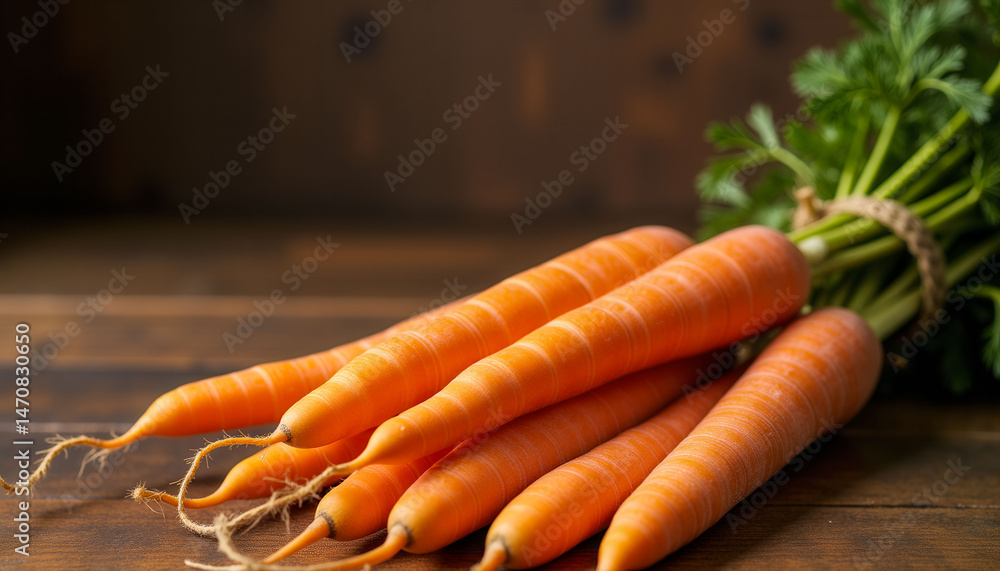 Poster a bunch of carrots are sitting on a wooden table. the carrots are all different sizes and are tied t