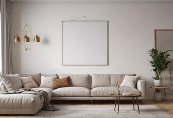 Modern living room, poster mockup on white wall, wooden clips,  home decor,  contemporary,  wooden clips