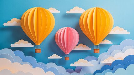 Obraz premium Beautiful fluffy clouds on blue sky background with colorful hot air balloons.Paper art