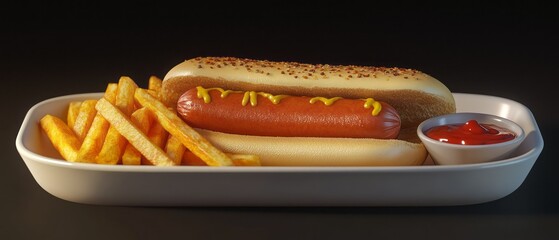 Hot dog and french fries on a plate.