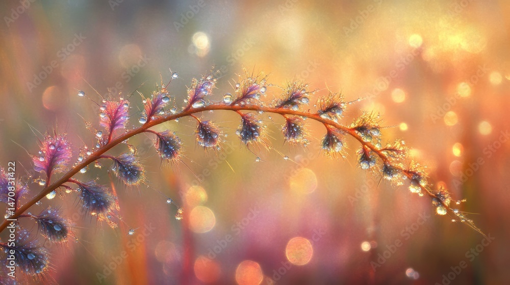 Poster dew droplets adorn a delicate botanical stem with colorful bokeh