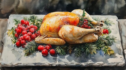 Roasted poultry dish, decorated with berries and greenery.