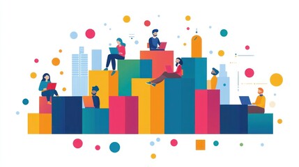 Obraz premium Colorful Illustration of Remote Workers on Digital Devices with Blocks