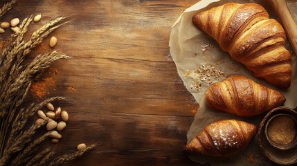 Baked croissants on parchment paper with wooden background.
