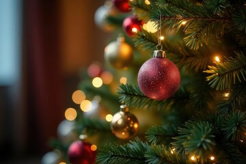 A beautifully decorated Christmas tree with ornaments and twinkling lights , new year, garland
