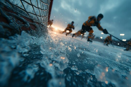 Ice hockey players in action dynamic sports scene winter game splashing water closeup shot