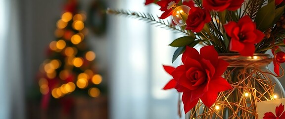 vase filled with red flowers next to a christmas tree