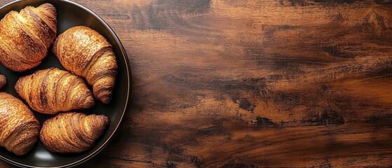 Delicious croissants on a dark plate on a wooden surface.