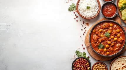 Diverse array of indian dishes displayed on a light background.