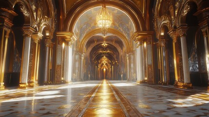 Obraz premium Opulent golden hall with classic architecture and illuminated arches
