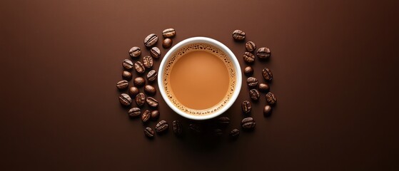 A cup of coffee surrounded by coffee beans.