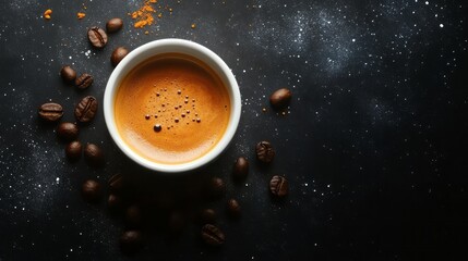 Espresso in a white cup, surrounded by coffee beans.