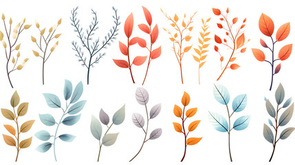 Vibrant Rustic Leaves and Flowers Branches for Nature-themed Designs