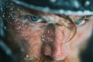 Frozen Gaze Intense Blue Eyes in Winter Wonderland with Snowflakes and Red Nose