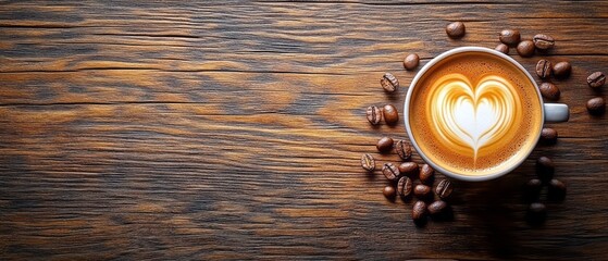 Heart-shaped latte art on a rustic wooden table.