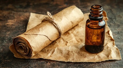 Vintage Scroll and Amber Bottle on Rustic Surface with Texture