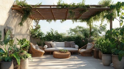 Fototapeta premium Serene outdoor patio with lush greenery and cozy seating