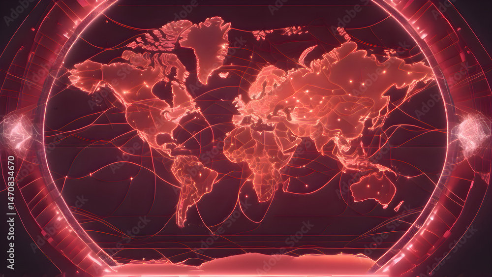 Poster Glowing world map displayed in a circular shape representing digital global connection and futuristic design