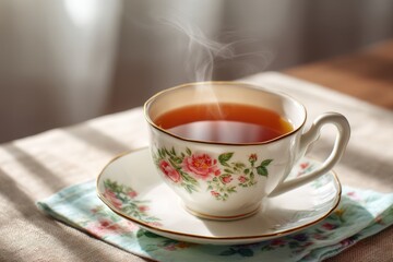 A cup of tea with floral design sits on a saucer with steam rising from the hot beverage on a table cloth