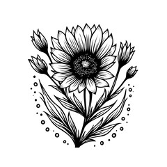 Elaborate monochrome botanical illustration featuring sunflower and buds design