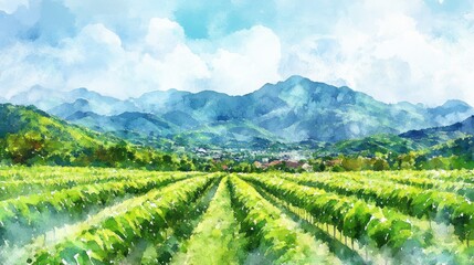 Naklejka premium Watercolor painting of vineyards stretching toward mountains.