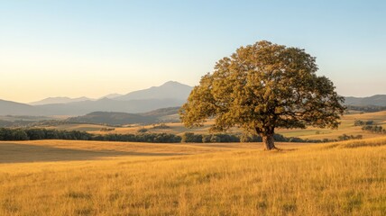 Fototapeta premium Golden Wheat Field With Lone Tree And Hazy Mountains At Sunset