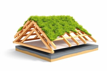 Exploded view of a roof structure showing wooden framework, insulation, and a green top layer on a white background. Concept of roofing layers. 3D Rendering.