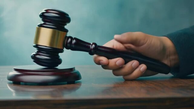 Hammer of Justice: A close-up shot showcases the gavel resting on a polished wooden surface, the hand of a judge ready to make a decisive ruling, symbolizing the essence of law and justice. 