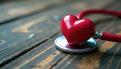 Close-up of a classic heart stethoscope on a wooden surface , vintage stethoscope, stethoscope, wood