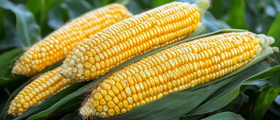 Close-up view of three fresh yellow corn cobs.