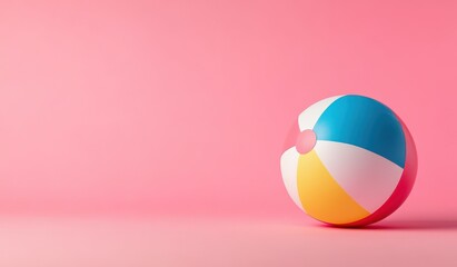 A colorful beach ball rests on a pink background (1)