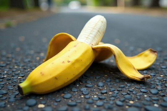 Close-up of discarded banana peel on pavement, showing texture and color , fruit, macro, ripe - Powered by Adobe