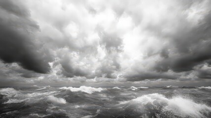 Fototapeta premium Gray Scale Stormy Ocean Waves And Clouds