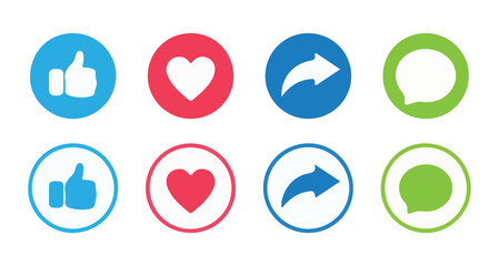 Like, Share, comment and love icon button, social media vector.love and heart icon , comment icon , repost and share icon button. vector illustration eps 10.