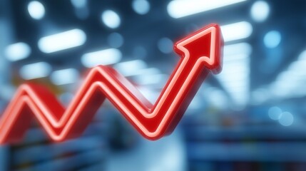 Inflation risk concept with red zigzag up arrow symbolizing price increase and economic pressure in blurred retail environment