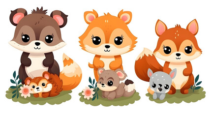 Fototapeta premium Adorable Cartoon Animals in Forest Setting Vector Illustration for Children's Books and Educational Materials
