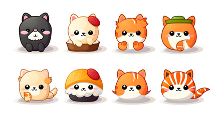 Adorable cartoon animals enjoying sushi, kawaii style vector illustration for projects