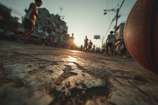 Dynamic Basketball Action on an Outdoor Court at Sunset