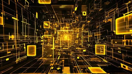 Golden digital tunnel of glowing squares and lines, creating futuristic data flow visualization - Powered by Adobe