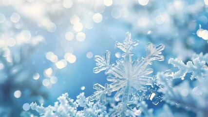 This photograph features a beautiful snowflake with intricate ice crystals in focus and a blurred blue background with a sparkling bokeh effect, suggesting a magical winter scene and atmosphere. - Powered by Adobe