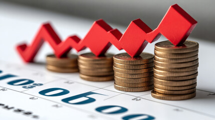 Financial growth concept coins and red graph depicting market success